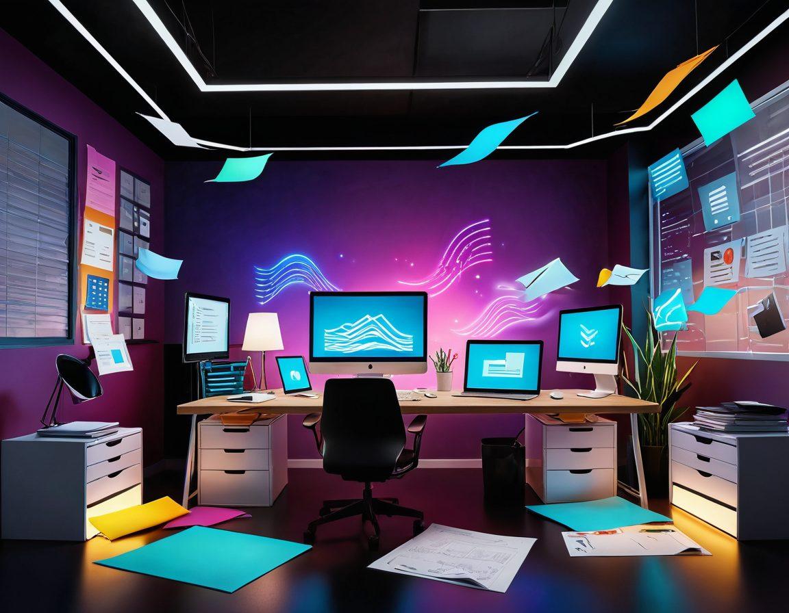 A vibrant digital landscape featuring a futuristic workspace filled with colorful folders and cheerful file icons floating in the air. Incorporate elements like a joyful character organizing files with a smile, surrounded by abstract waves of energy that symbolize efficiency and happiness in file management. The background should showcase luminous technology gadgets and soft, glowing light. super-realistic. vibrant colors. 3D.